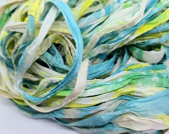 Beach House Sari Silk Ribbon: Blue, White, Lemon - 4 Yards