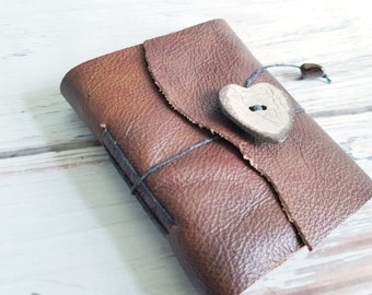 Reclaimed Leather Mini Notebook- Soft Brown with wooden heart button closure