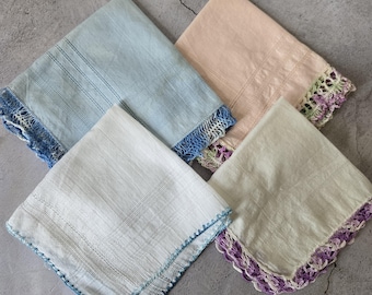 4 Vintage Cotton Handkerchiefs with crocheted trim