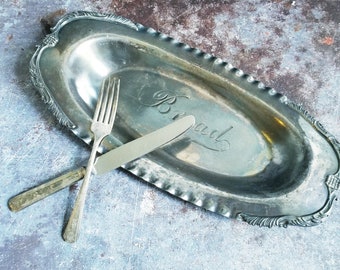 Vintage Silverplate Tarnished Oval Engraved Bread Platter