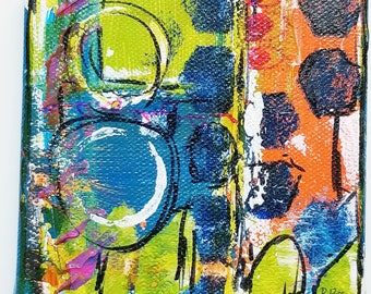 Mini Art Abstract Artwork- Green & Navy Bee Hive- Colorful Artwork- Acrylic, Markers, Collage