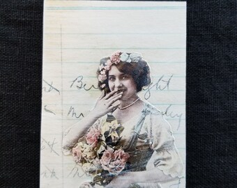 Woman with Roses- Altered Art Card- Trading Card- Original Collage- Mini Collage Artwork- Collector Card- Mini Artwork