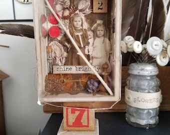 Girl Collage Box Assemblage: Vintage Toy Block Art