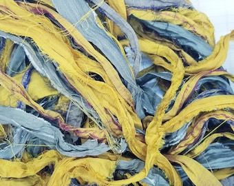 Mustard Seed Sari Silk Ribbon: Torn Edge Recycled Fabric, 4 Yards