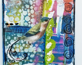Mini Art Abstract Artwork- Pink & Lime Green with Bird- Colorful Artwork- Acrylic, Markers, Collage