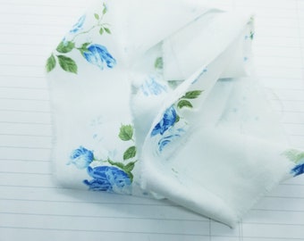 Blue Roses Wide Torn Cotton Polyester Ribbon- Recycled Vintage Fabric- 4 yards