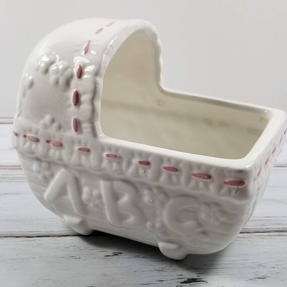 White Pink Baby Crib Planter Porcelain 1960s Baby Nursery Etsy