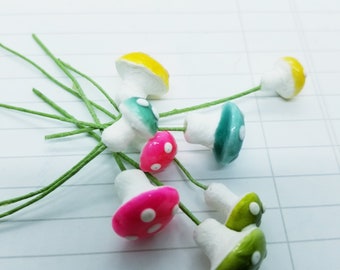 Vintage Spun Cotton Mushrooms: Colorful German Craft Supplies (Set of 8)