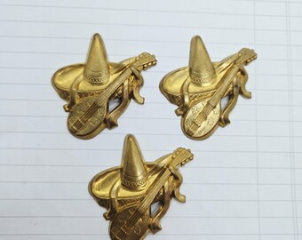 3 Mexican sombrero and guitar brass stamping for Jewelry & Crafting