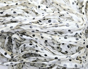 Polka Dot Sari Silk Ribbon: Black & White Torn Edge, 4 Yards