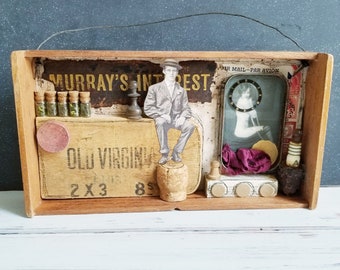 Murray's Interest- Altered Cigar Box Assemblage- Game Pieces- Vintage