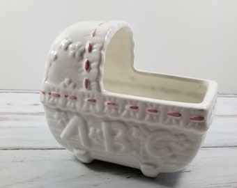 Vintage 1960s Porcelain Baby Crib Planter: White & Pink Nursery Decor