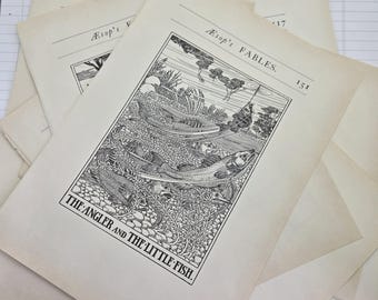 Package of 5 Aesop's Fables Illustrations- Vintage Book Pages