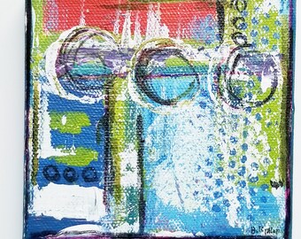 Mini Abstract Art: Navy & Green Colorful Collage (4x4 inches)