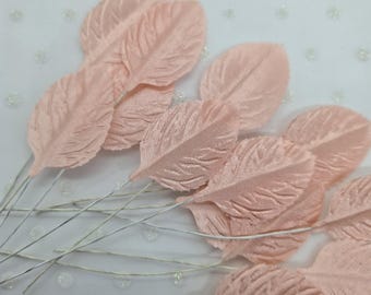 12 Vintage Coral Pink Satin Leaves sprays, millinery flowers, cottagecore