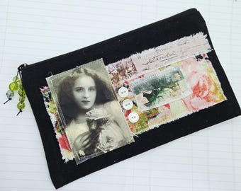 Collaged Cotton Canvas Pouch Lady with Roses