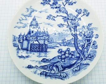 Vintage Blue and White Japanese Plate: Pastoral Scene Trinket Dish