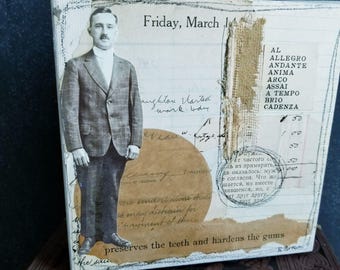 Preserves Teeth- Square Collaged Canvas- 6 x 6- Original Collage- Acrylic Paint, Vintage Papers