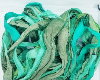 Good Luck Green Sari Silk Ribbon: Torn Edge Recycled Fabric, 4 Yards