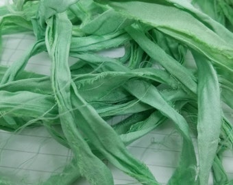 Seafoam Green Blue- Sari Silk Ribbon, 4 Yards, Torn Edge, Junk Journals, Tag Art, Assemblage Supply, Recycled Sari Fabric