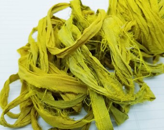 Lemongrass Sari Silk Ribbon: Torn Edge Recycled Fabric, 4 Yards