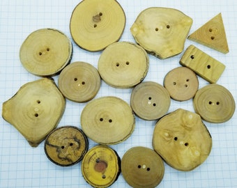 16 wooden buttons made from tree branches
