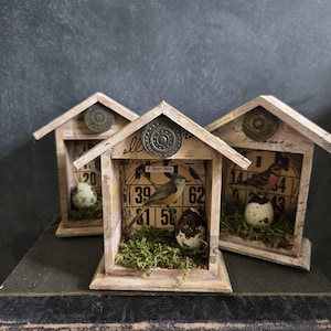 May include: Three wooden birdhouse-shaped decorative boxes. Each box features a vintage-style design with a metal embellishment and a printed background with a bird and an egg inside. The boxes are filled with moss.