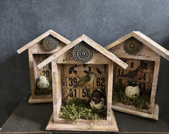 Bird Boxes-House- Assemblage Art- Quail Egg- Vintage Paper Artwork-Choice of 1 bird box house