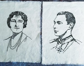 Blackwork Embroidery King George VI & Queen Elizabeth The Queen Mother on Linen