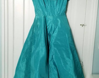 Vintage Blue 1950s Dance Dress- Interfaced Skirt for Fullness,  beaded trim  (Damaged)