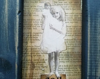 Doll- Reverse Canvas Collage artwork- Little Girl & her Doll, 5 x 7