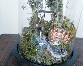 Woodsy Cloche, Forestcore Scene, Twig Ladder, Moss Assemblage, Cottagecore Display,  Collection of Curiosities