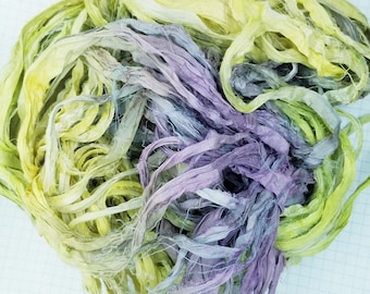 Spring Tulips Sari Silk Ribbon: Torn Edge Recycled Fabric, 4 Yards