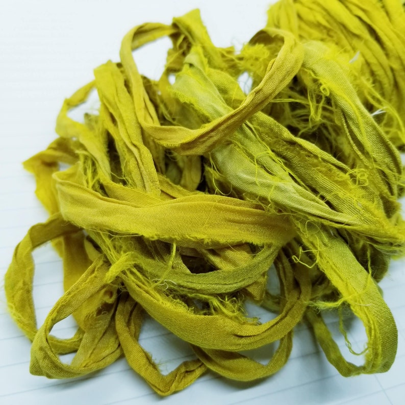 Lemongrass Green Sari Silk Ribbon, 4 Yards, Torn Edge, Junk Journals, Tag Art, Assemblage Supply, Recycled Sari Fabric image 3