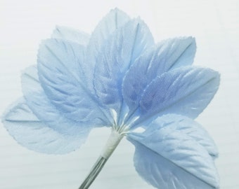 12 Vintage Periwinkle Blue Satin Leaves sprays, millinery flowers, cottagecore