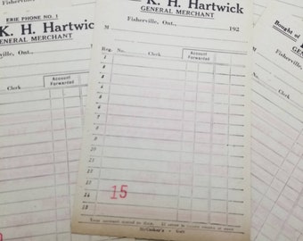 Vintage K.H. Hartwick General Merchant Receipts 1920'a, Fisherville, Ontario, Erie Area Code Vintage Receipts 2 parts- Package of 10