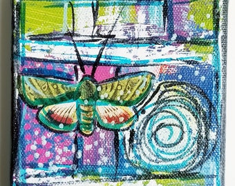 Mini Art Abstract Artwork- Green & Blue Butterfly- Colorful Artwork- Acrylic, Markers, Collage
