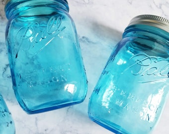 3 Aqua Blue quart Ball mason jar, farmhouse decor,home gift,