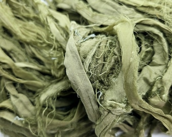 Olive Green Sari Silk Ribbon: Torn Edge Chiffon, 4 Yards