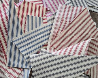 Cotton Twill Ticking Fabric Scrap Pack: Slow Stitching, Quilting Squares (20+ Pieces)