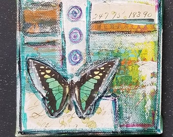Mini Art Abstract Artwork- Green & Bisque Butterfly- Colorful Artwork- Acrylic, Markers, Collage