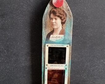 Sugar - Altered Picket  Fence Post Assemblage- Lady, Red game piece, Assemblage Art, Collaged Artwork