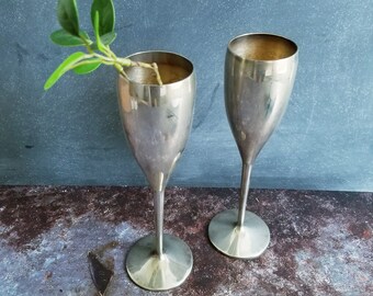 2 Vintage Silverplate Tall Goblets- Christmas Decor, Tarnished Metal, Boho Decor