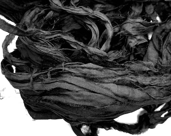 Raven Black Sari Silk Ribbon: Torn Edge, Junk Journal Supply (4 Yards)