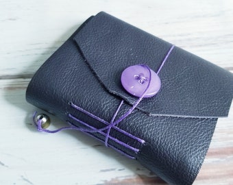 Reclaimed Leather Mini Notebook- Purple Textured with vintage button closure