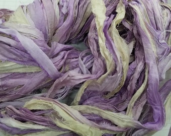 Lilac Cream Sari Silk Ribbon, 4 Yards, Torn Edge, Junk Journals, Tag Art, Assemblage Supply, Recycled Sari Fabric