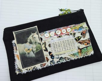 Collaged Cotton Canvas Pouch Woman with Horse