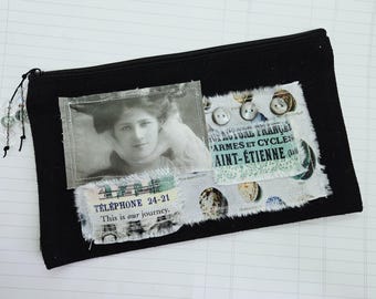 Collaged Cotton Canvas Pouch Woman with Eggs