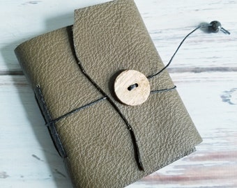 Reclaimed Leather Mini Notebook- Green/Grey Pebbled Texture with wooden button closure