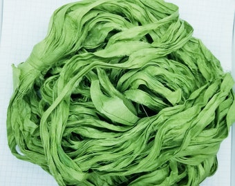 NEW! Grass Green- Sari Silk Ribbon, 4 Yards, Torn Edge, Junk Journals, Tag Art, Assemblage Supply, Recycled Sari Fabric
